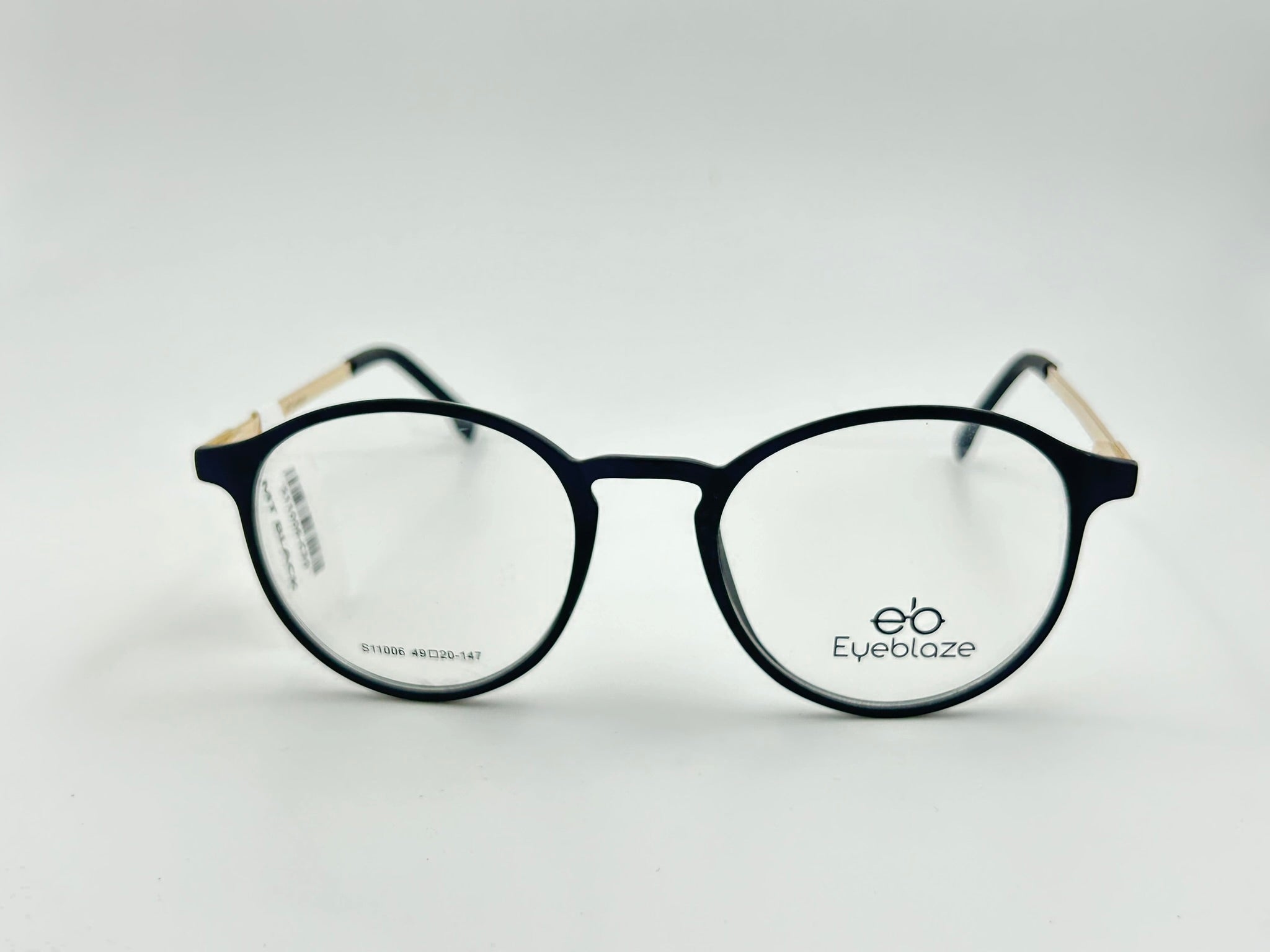 Eyeblaze Matte Black Round Eyeglasses with Gold Temples