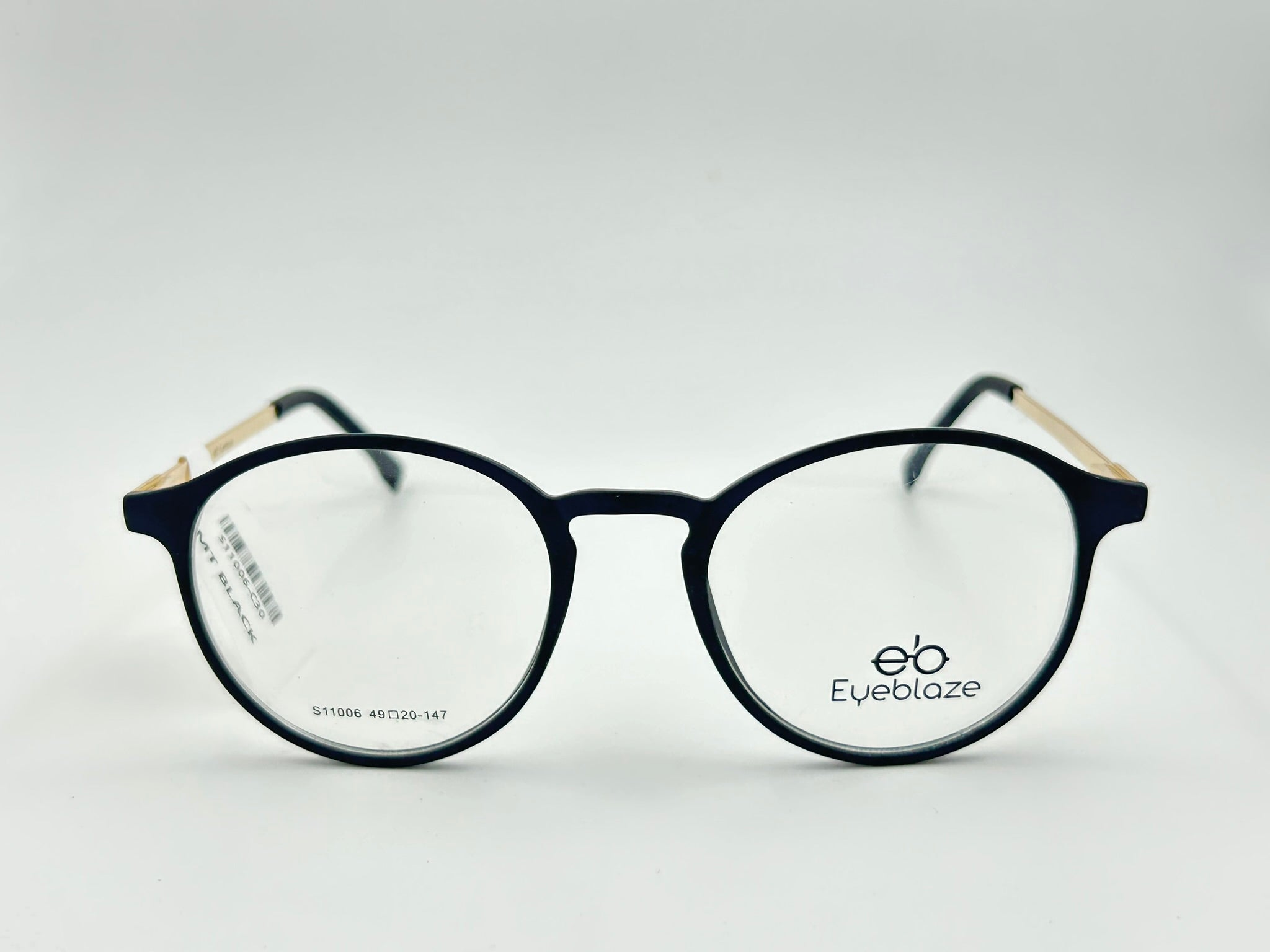 Eyeblaze Matte Black Round Eyeglasses with Gold Temples