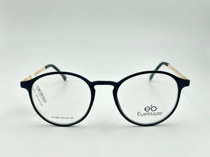 Eyeblaze Matte Black Round Eyeglasses with Gold Temples